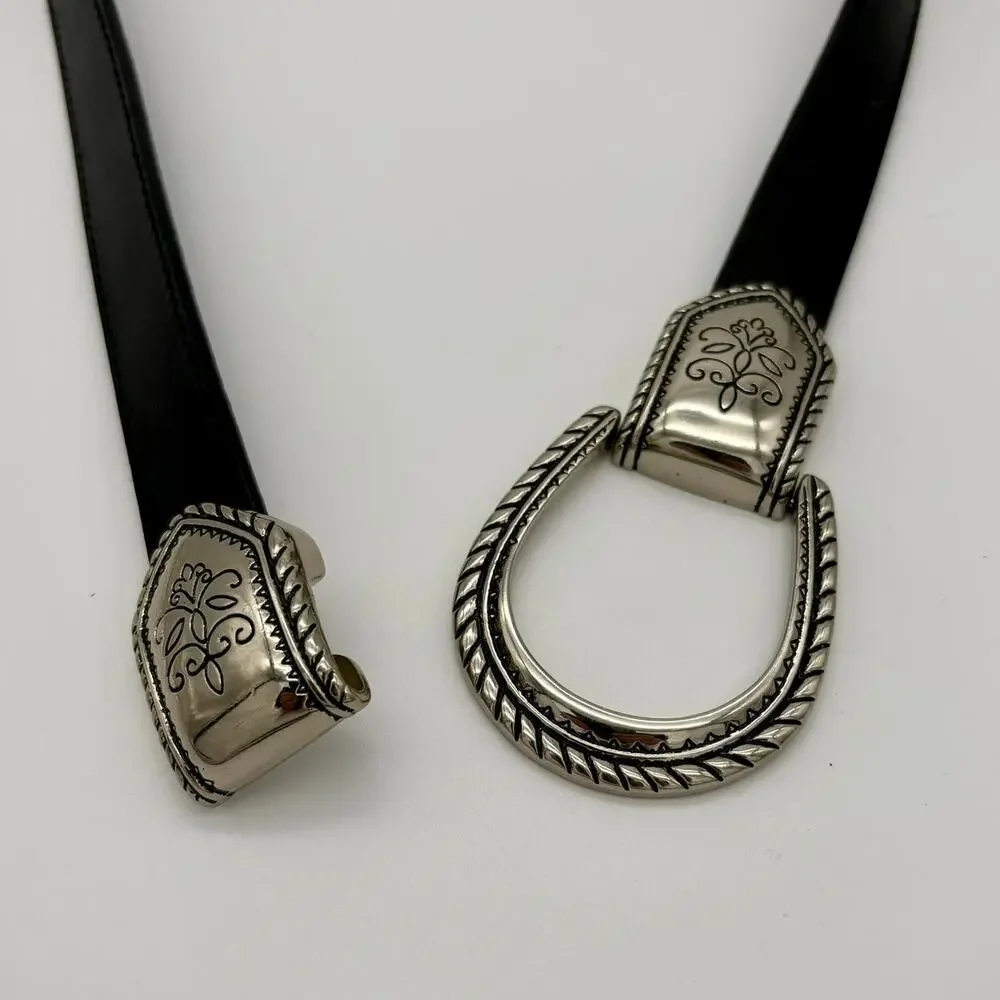 Chico’s Leather Hook Belt Black Silver Tone Western Boho Size S/M Adjustable